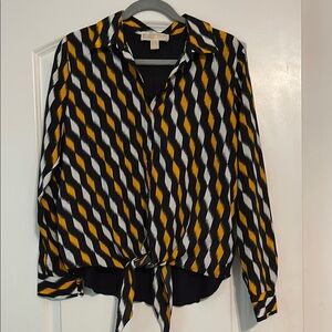 Michael Kors Black Gold and White 3/4 Sleeve Button Down Shirt Tie front